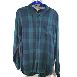 Lucky Brand Blue and Green Plaid Lightweight Button-down Top Size Large